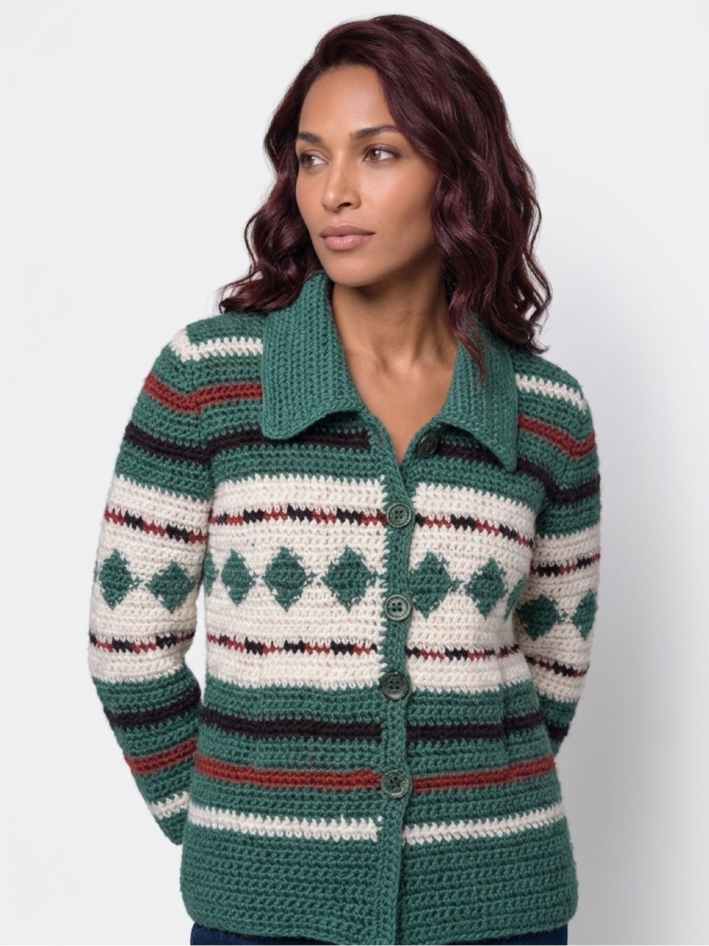 Vintage 70s Handmade Crochet Cardigan - Forest Green Lodge Sweater - Diamond Arg